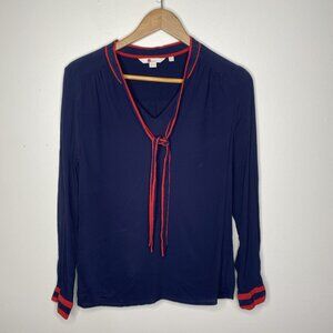 Boden Tie neck top Blouse Shirt Red Blue Sz 6 Long Sleeve Shirt Nautical Sailor